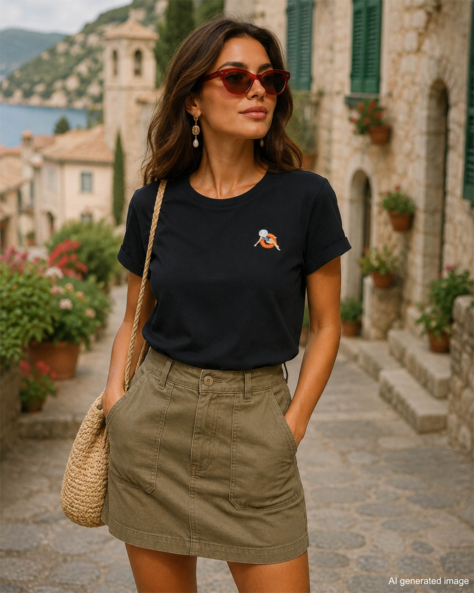 A woman standing in a cobblestone street, wearing a dark navy blue short-sleeved t-shirt with a small embroidered patch of a person on a pool float on the chest. She is also wearing an olive green mini skirt with large pockets and carrying a woven bag over her shoulder.