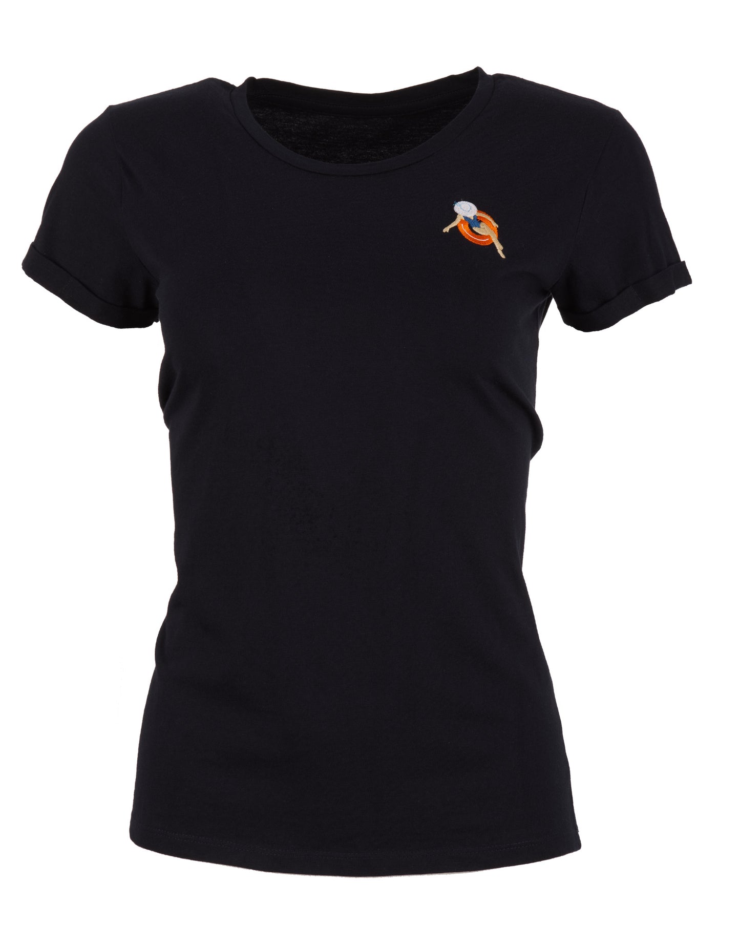 A dark navy blue crewneck t-shirt with cuffed short sleeves, featuring a small, detailed embroidered patch on the left chest depicting a person relaxing on an orange pool float.