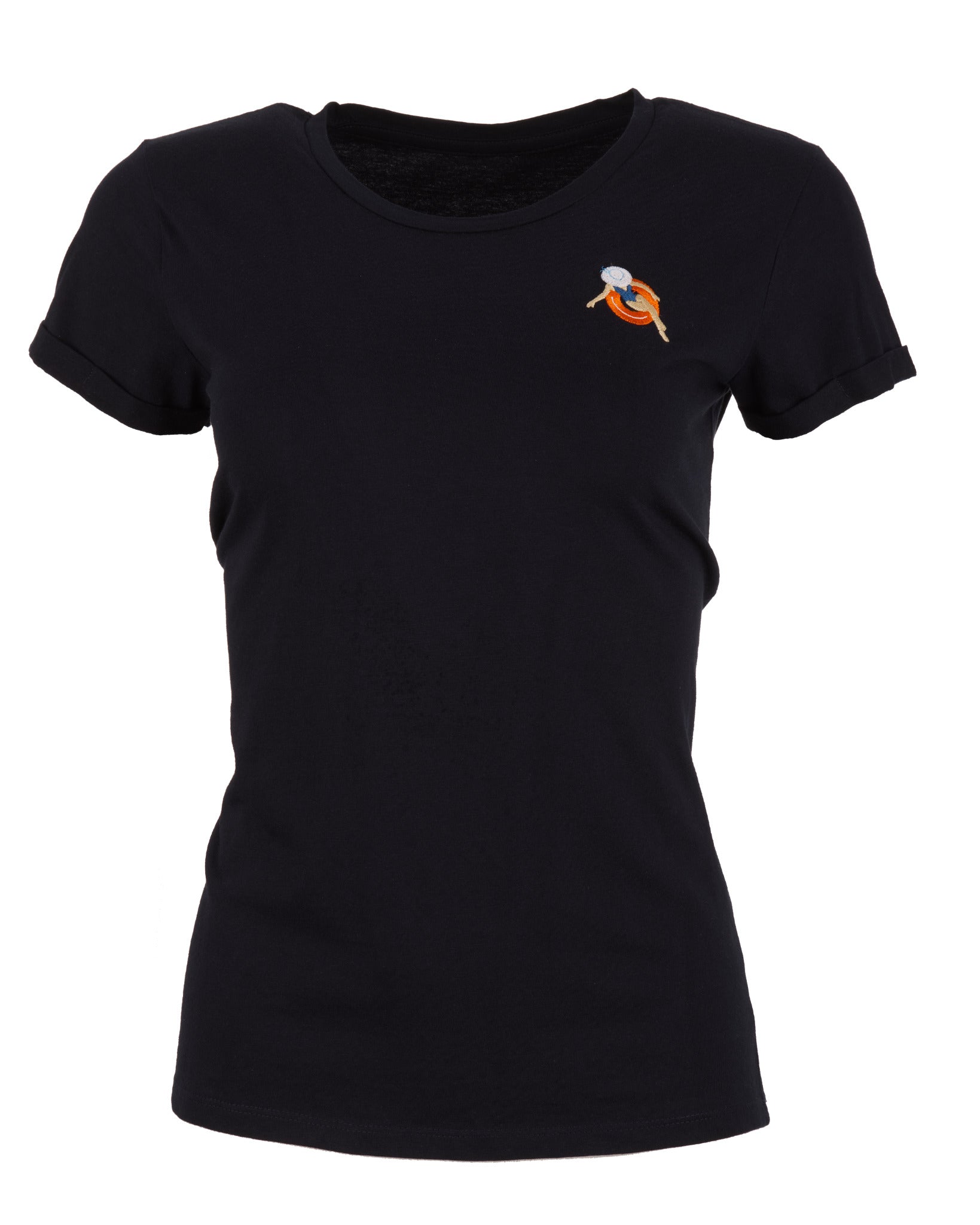 A dark navy blue crewneck t-shirt with cuffed short sleeves, featuring a small, detailed embroidered patch on the left chest depicting a person relaxing on an orange pool float.