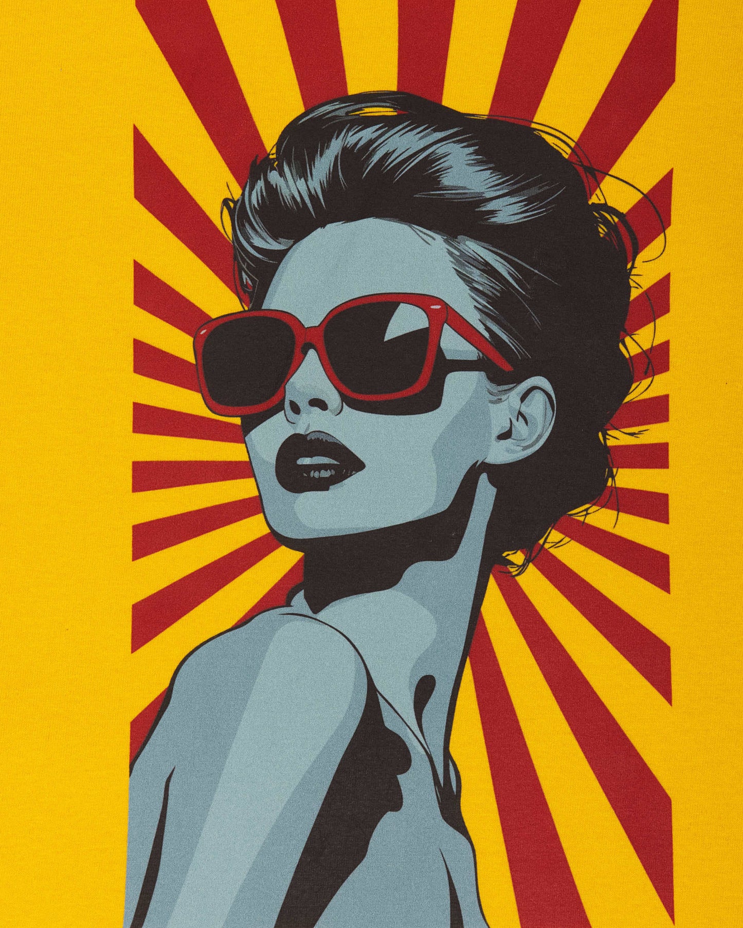 A full view of the retro comic-book style pop-art graphic, featuring a stylized illustration of a woman looking over her shoulder with an updo hairstyle and red sunglasses against a red and yellow sunburst pattern.
