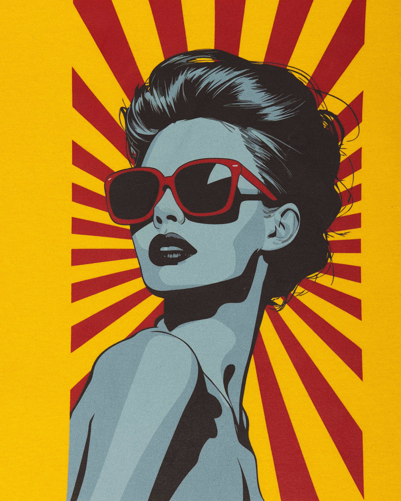 A full view of the retro comic-book style pop-art graphic, featuring a stylized illustration of a woman looking over her shoulder with an updo hairstyle and red sunglasses against a red and yellow sunburst pattern.