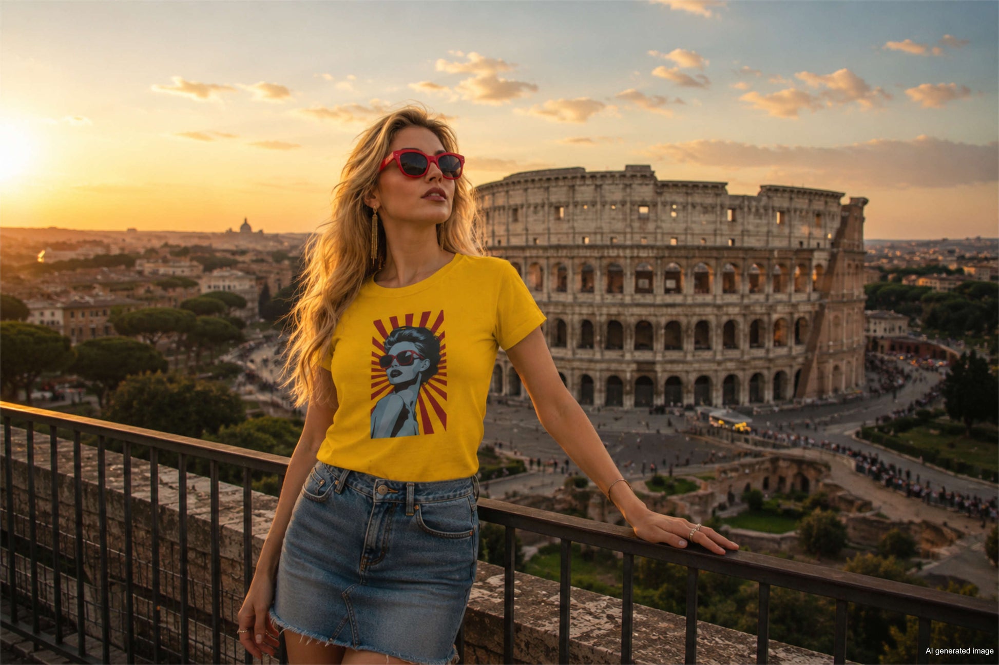 Panoramic lifestyle shot of a woman wearing a yellow t-shirt with a retro pop-art graphic and a denim mini skirt. She is leaning against a railing at a scenic overlook with a wide view of the Colosseum and the Rome cityscape at sunset.