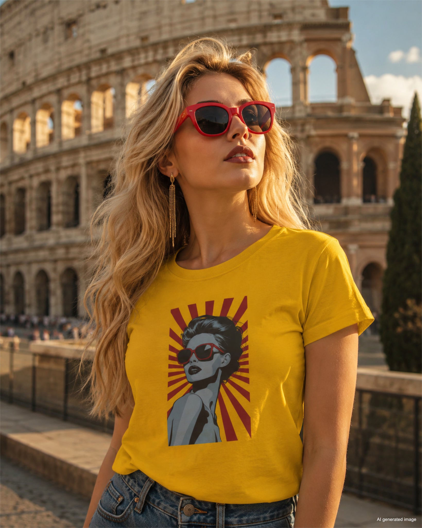 A woman with blonde hair wearing a bright yellow t-shirt featuring a retro pop-art graphic of a woman in sunglasses. She is styled with matching red sunglasses and long gold earrings, with the historic Colosseum in Rome visible in the background.