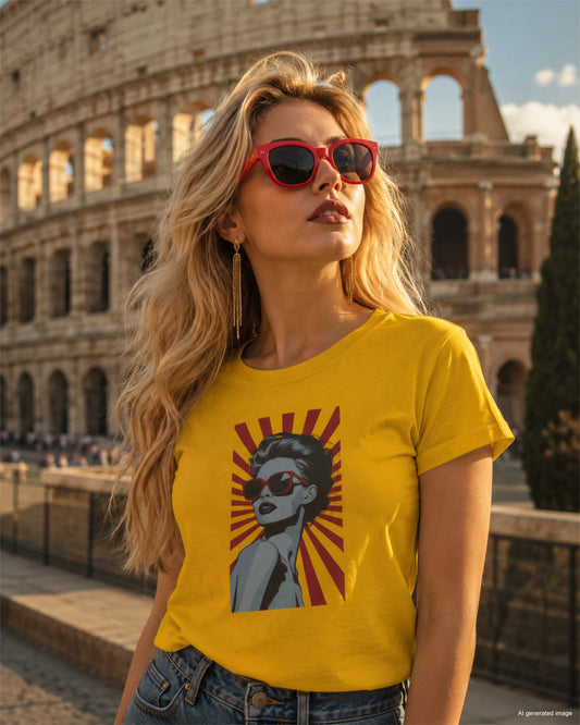 A woman with blonde hair wearing a bright yellow t-shirt featuring a retro pop-art graphic of a woman in sunglasses. She is styled with matching red sunglasses and long gold earrings, with the historic Colosseum in Rome visible in the background.