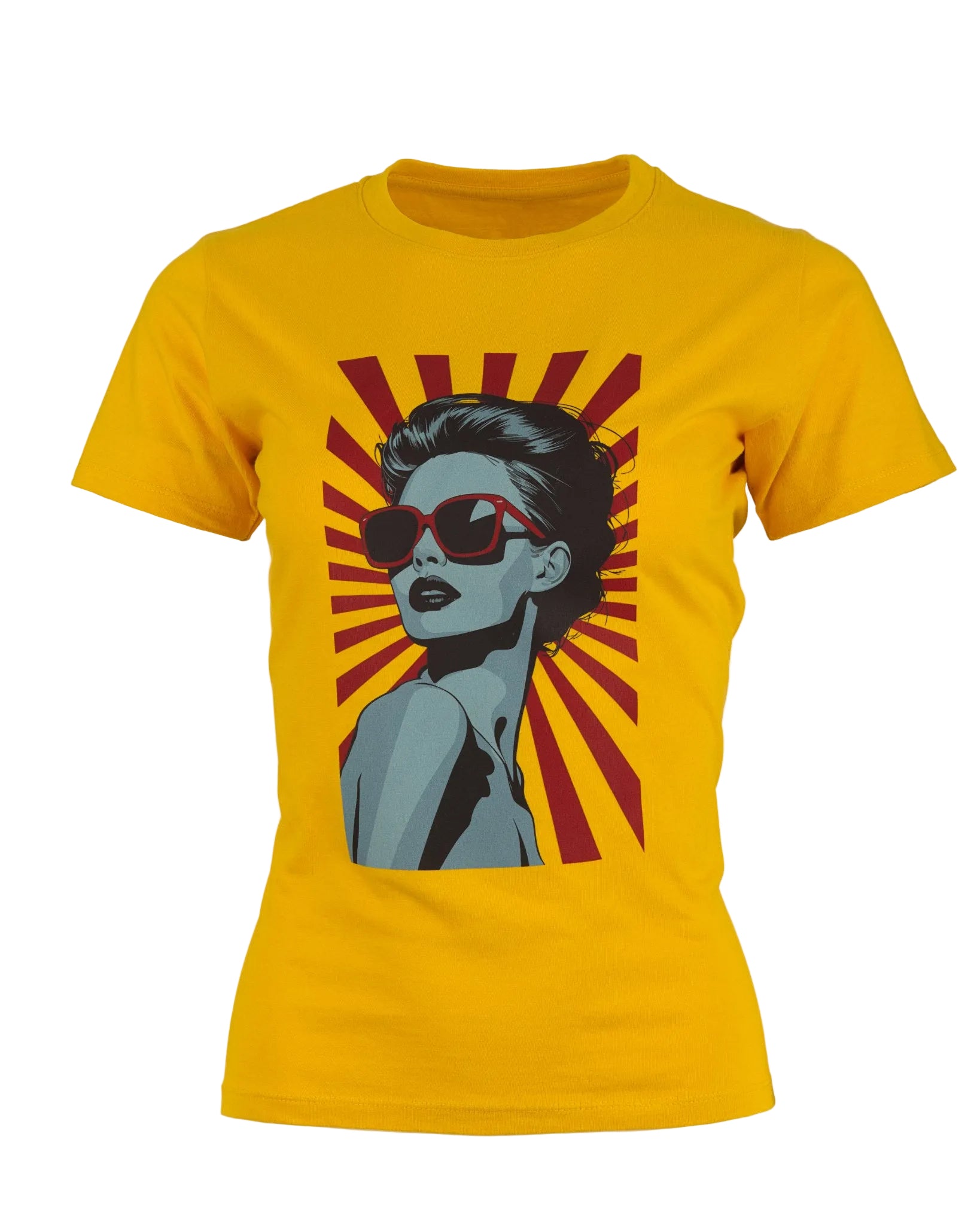 Front view of a vibrant yellow crewneck t-shirt displayed against a plain white background, featuring a bold retro pop-art graphic of a woman with red sunglasses looking over her shoulder.